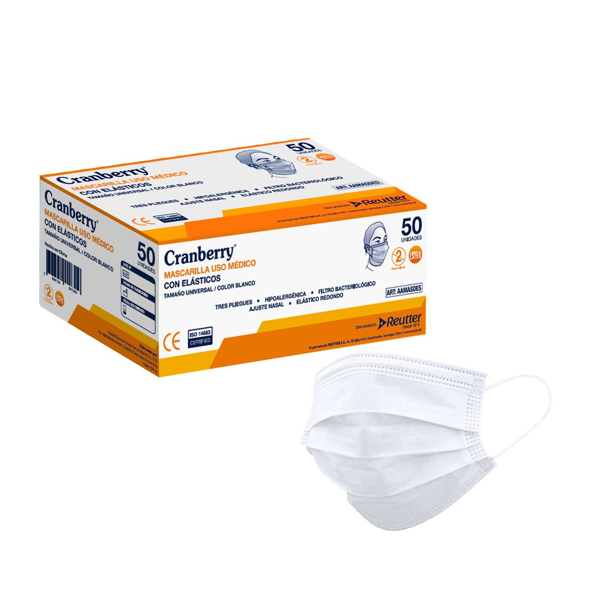 Mascarilla Antiviral Cranberry 3 Capas Con Elásticos X 50 UN