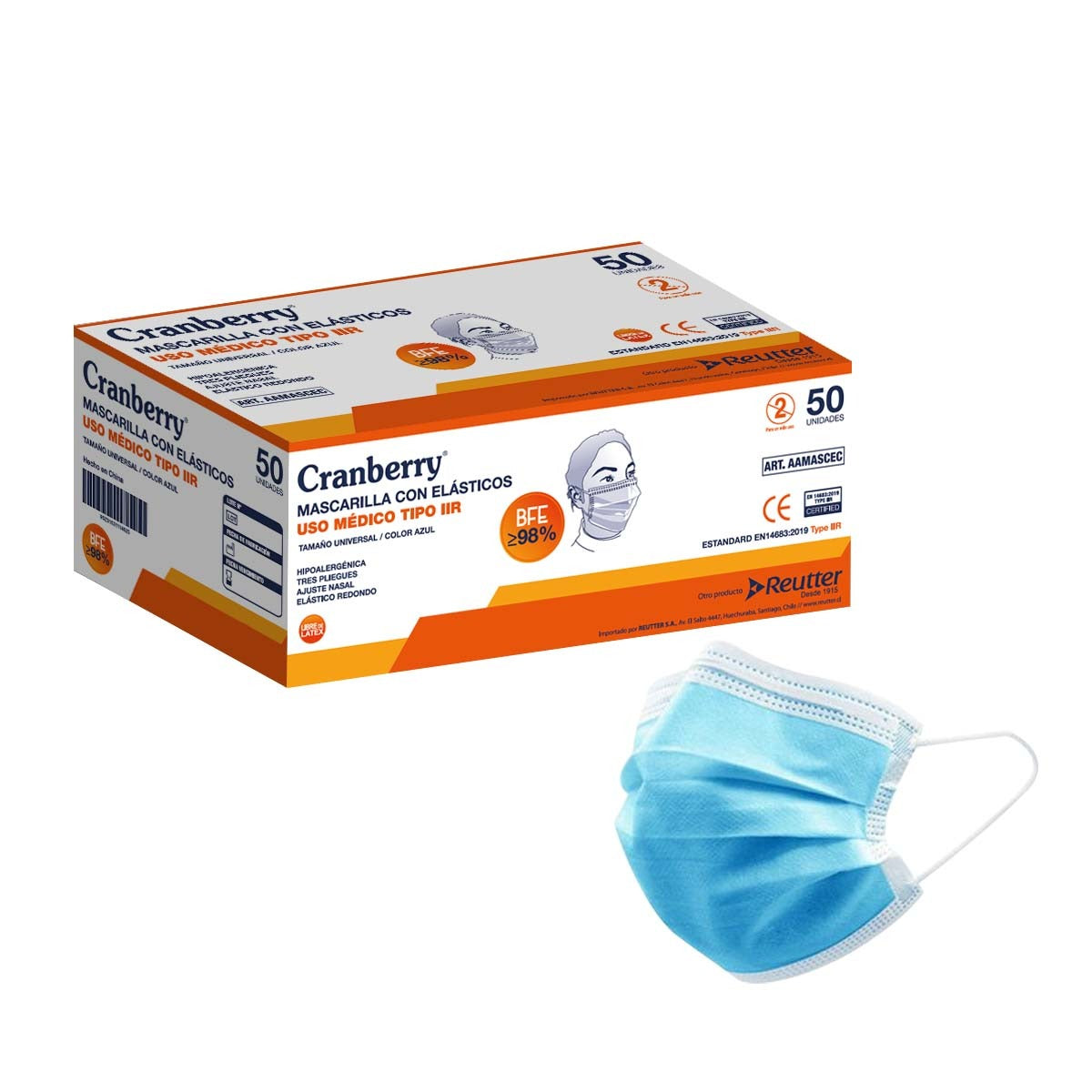 Mascarilla Antiviral Cranberry 3 Capas Con Elásticos X 50 UN