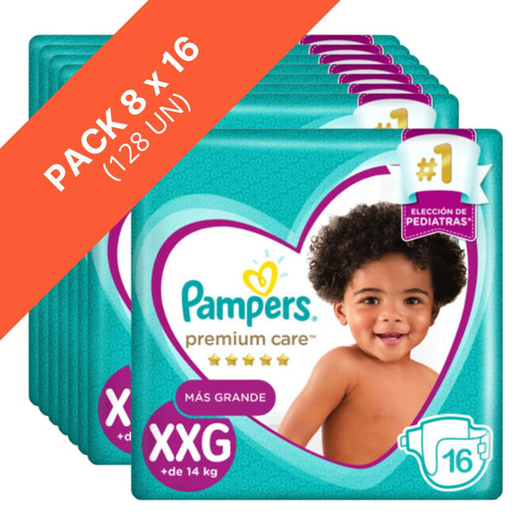 Pañal Pampers Premium Care Talla XXG Pack 8 x 16 unidades