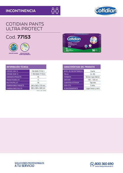 Calzón Pañal Cotidian Ultraprotect Talla G/XG Paquete x 16 unids