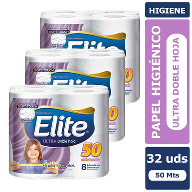 Papel Higienico Elite Ultra Doble Hoja 50M Pack X 32 Rollos (8 X 4)