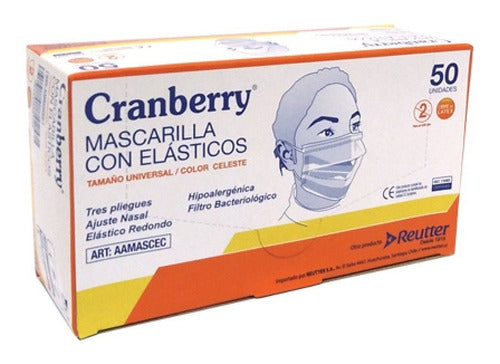 Mascarilla Antiviral Cranberry 3 Capas Con Elásticos Celeste Caja 20 DISPLAY X 50 UN C/U